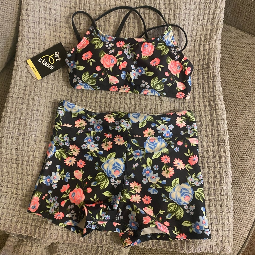 Girls' Tea Party Floral Bike Shorts with Adjustable Back Top Setart classBlack